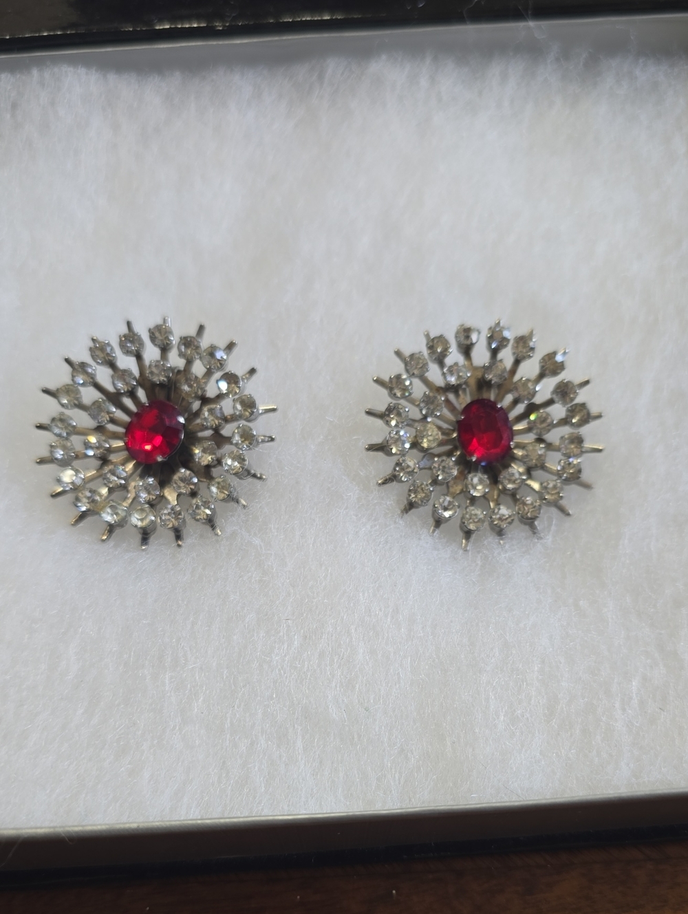 Classic Red Centerburst Crystal Clip On Earrings